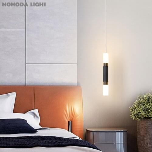 Modern Black/White LED Pendant Lights Bedside Iron Strip Hanging Lamps for Bedroom Dining Room Restaurant Home Decor Lightings