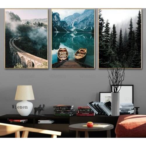 Misty Forest Lake Boat Abstract Geometric Nature Landscape Wall Art Poster Nordic Canvas Print Painting Living Room Decoration