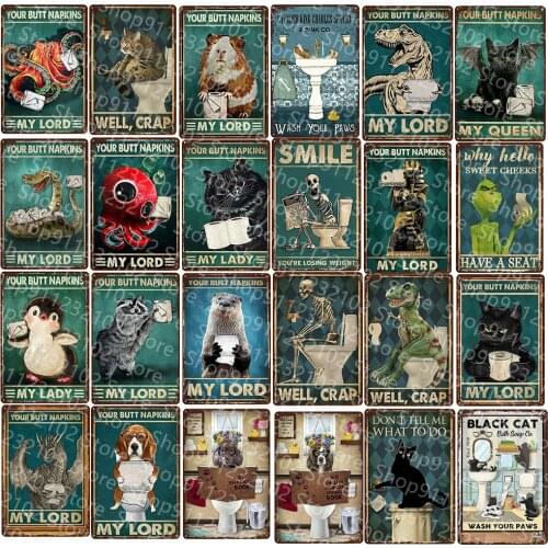 Vintage Bathroom Tin Sign Restroom Well Crap Cat My Lord Lady Metal Poster Art Decor for Home Restroom Wall Decor Man Cave Bar