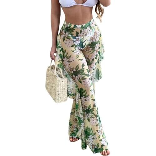Women Bikini Cover Ups Long Pants with Ruffles See-through Floral Print High Waist Swimwears Beachwear Trousers for Summer Beach
