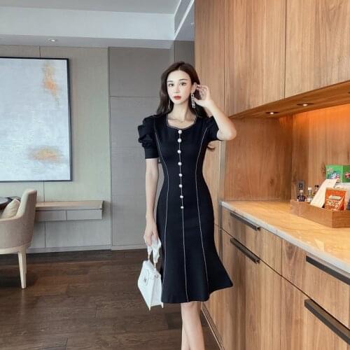 Summer Office Bodycon Dresses Vintage Bandage Sexy Party Dress Solid-Color Puff Sleeve Mermaid Dress High End Women Vestidos