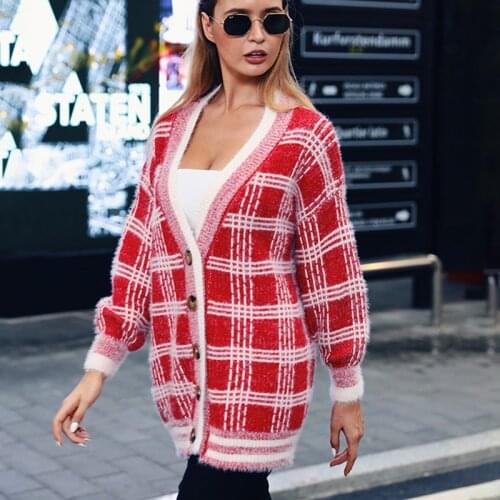 Women Winter Long Coats Cardigans Long Sleeve Warm Knitted Sweater Elegant Plaid Kimono Cardigan Femme Ladies Knitwear Classic