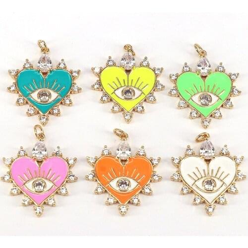 10Pcs,Brass Cubic Zircon Enamel Heart Eye Pendant Charms Gold Plated Crystal Zircon Heart shape Pendant Charm, Necklace Findings