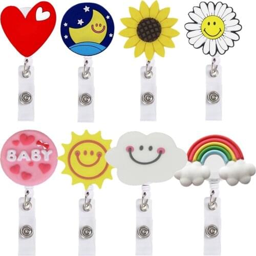 10pcs/lot Smile Heart Sun Moon Rainbow Sunflowers Retractable Badge Reel for Students Women Mens Nurse ID Name Cards Holders