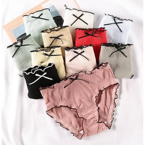 11Color Japan Style Briefs Sexy Comfort Cotton Mid Waist Women Panties Lovely Bow Stripe Lingerie Solid Health Sleep Underwear