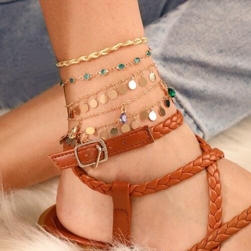 2020 New Fashion Geometric Anklets for Women Trendy Alloy Color Crystal Disc Water Drop Tassel Girl Party Jewelry Accessories