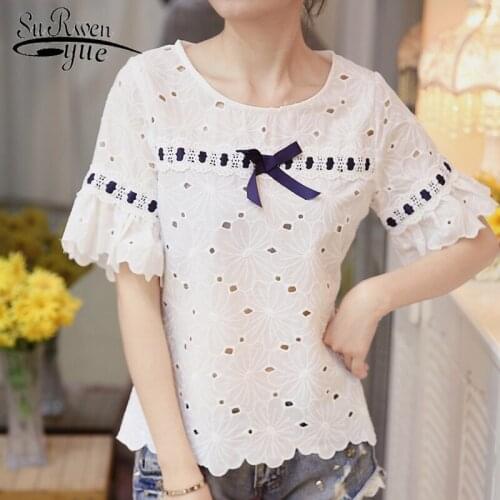 2021 fashion short sleeve lace blouse women shirt hollow chiffon summer tops lace shirt white womens clothing blusas 0124 30