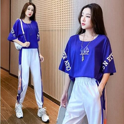 2021 Cotton Tracksuit Women Two Piece Set Summer Clothes Letter Print Colorblock Tshirt Top and Pants Suit Womens Sets Outfits