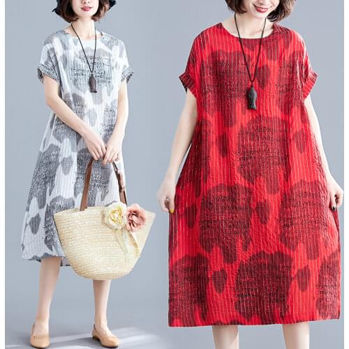 2021 New Arrival Print Letter Fashion Women Dress Cotton Linen Loose Summer Dress Plus Size Holiday Travel Casual Midi Dress