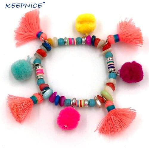 New Bohemia Boho Summer Sea Beach Pompoms Bracelets Colorful Cotton Tassels Charm Bracelet Stone Beads Bangle Bracelets