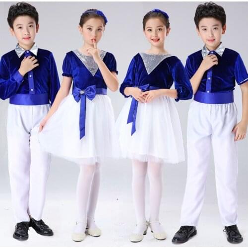 Children Formal Clothes Group Dance Dress Costumes For Kids School Choir Show Party Performance Outfit Blue Velvet Vestidos