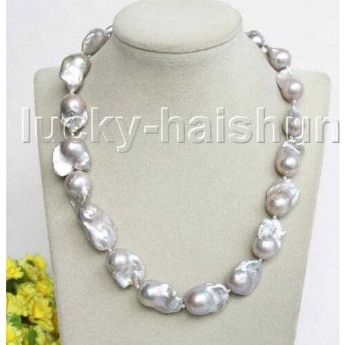 JQHS HUGE 19" 25mm natural Gray Kasumi pearls Beaded necklace filled gold clasp j11312