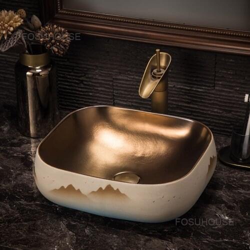 Chinese Hand-painted Bathroom Washbasins Light Luxury Wind Hotel Bathroom Sinks Balcony Single-sided Home Kitchen Washing Sinks