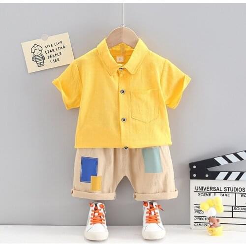 Baby Boys Personality Clothes Set New Summer Kids Girls Solid Cotton Lapel T-shirt+Patch Pants Infant Casual Clothing Outfits