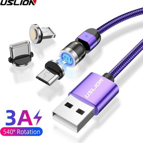 USLION 3A LED Magnetic USB Cable Fast Charging Type C 540 Rotation Android Micro Magnet Cable For iPhone 11 Plus Samsung Xiaomi