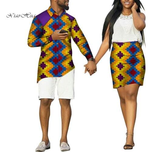 Sweet Lovers African Couple Clothes Gift Valentine' Day Long Sleeve Mens Shirt Coat and Women Skirt Causal Set Plus Size WYQ190