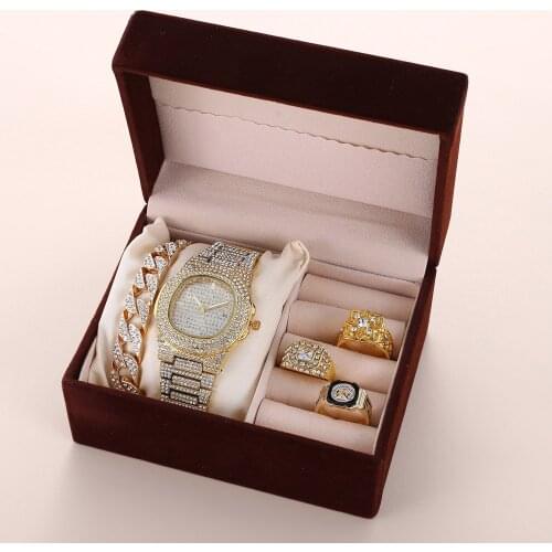 Luxury Women Watch Set Hip Hop Watches Bracelet Rings Cuban Chain Gold Color Iced Out Paved Rhinestones Bling Jewelry For Womens