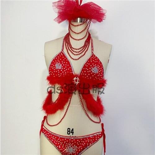 Nightclub DJDS Sexy Red Bikini Suit Feather Rhinestone Stage Clothing Women Pole/Jazz Dance Costume Gogo Dancer Clothes DWY4954