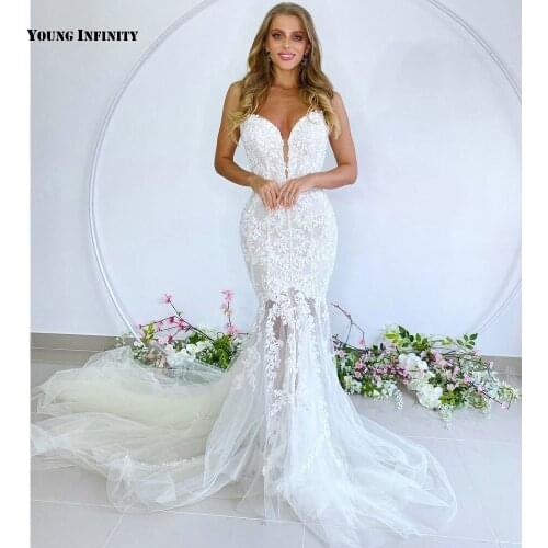 Charming Mermaid Wedding Dresses 2021 Sleeveless Bridal Gown Backless V Neck Chapel Train Applique White Plus Size Bride