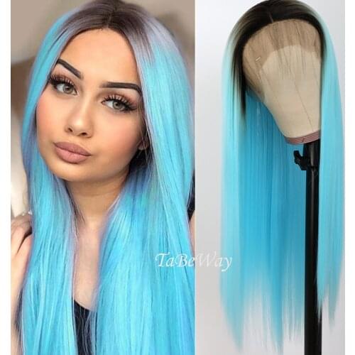 TaBeWay Long Straight Synthetic Lace Front Wigs Ombre Blue Color Wig Heat Resistant Glueless Natural Wig for Fashion Women