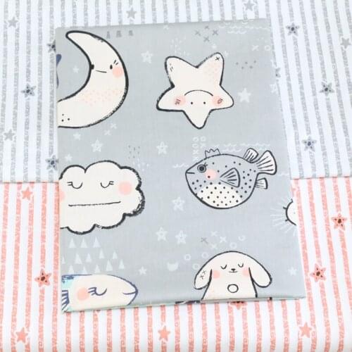 100% cotton twill cloth cartoon Quiet night gray stripe orange stras fabric for DIY kids crib bedding cushions quilting handwork