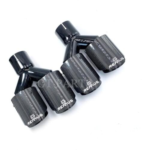 1 Pair Car Universal Dual Pipes Straight Cut Remus Sport glossy Carbon Fiber Exhaust Muffler Tips Black Inner Pipe for BMW