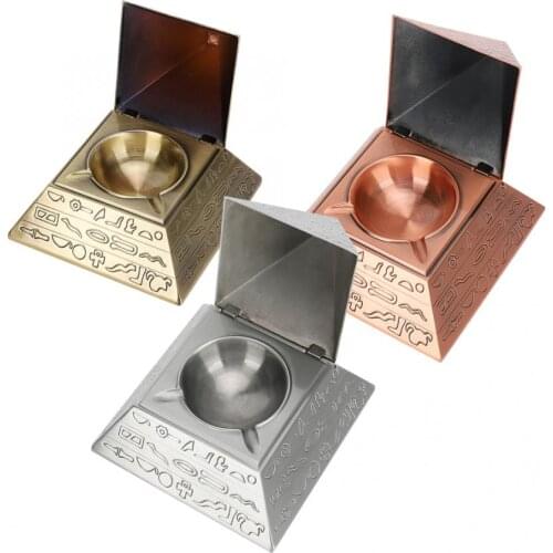Vintage Metal Ashtray Egyptian Carved Pyramid With Lid Ashtray Home Office Decoration Birthday Gift Creative Present For Dad