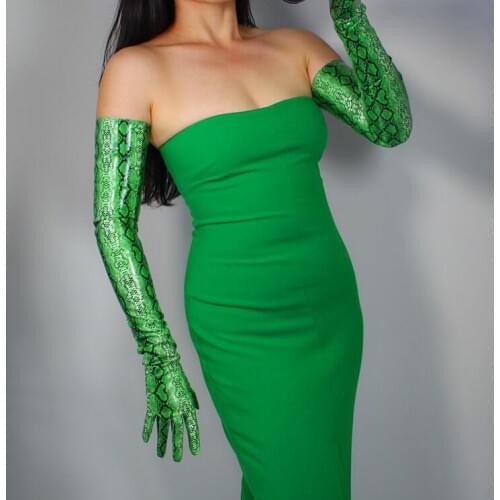 Womens green color snake skin print faux pu leather long gloves female sexy club party dress fashion long glove 70cm R1562