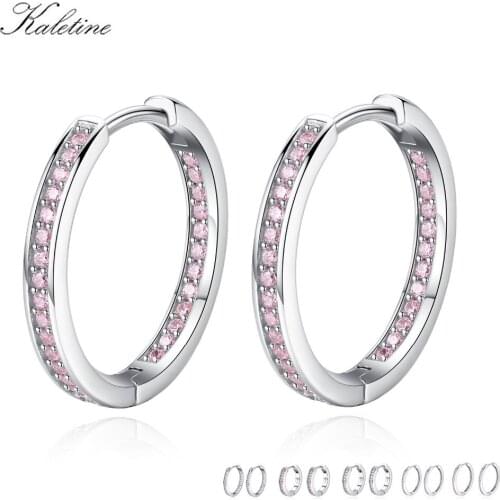 Kaletine Pure 925 Sterling Silver Small Hoop Earrings for Women Round Pink White CZ Unique Earrings 2018 Luxury Jewelry Brinco