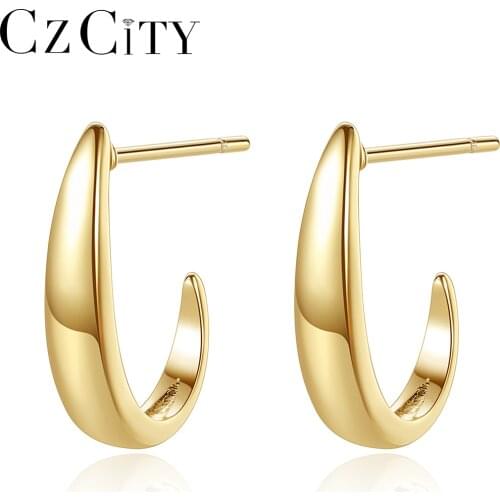 CZCITY 925 Sterling Silver Golden Hoop Earrings for Women Fine Jewelry Cuff Round Circle Huggies Ear Piercing Brincos Femme Gift