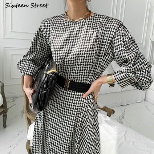 2021 Chic Plaid Dress Woman with Belt O-neck High Waist Vestido Dress Long Sleeve Elegant Spring OL Business Dresses Woman