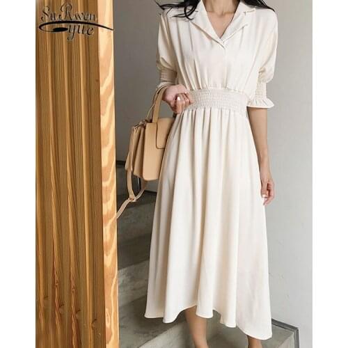 2021 Summer Dress Korean Women Solid V-Neck High Waist White Dress for Women Casual Temperament Thin Long Dresses Vestidos 14139