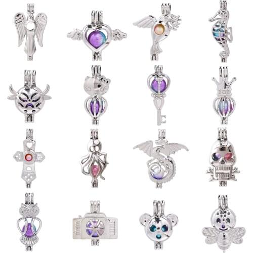 1pc Mixed Seahorse Dragon Cross Skull Heart Bee Owl Pearl Cage Bead Cage Pendant Essential Oil Diffuser Lockets Jewelry Making