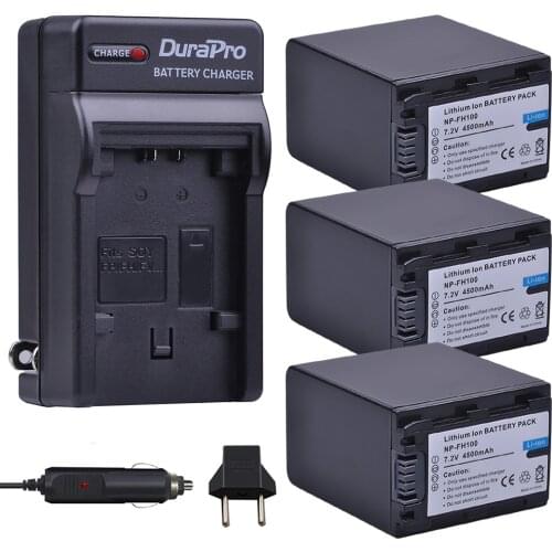 3pc 4500mAh NP-FH100 NP FH100 Camera Battery + Car / Wall Charger For Sony DCR-SX40 SX40R SX41 HDR-CX105 SR42E SR45E Bateria