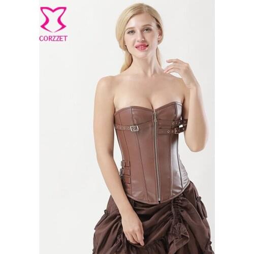 6XL Plus Size Sexy Corsets Brown Faux Leather Steampunk Corset Zipper Steel Boned Corselete Feminino Espartilhos Gothic Clothing