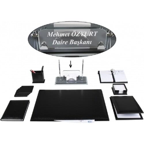 BEYKOZ Office Business Black Leather Desk Set Desk Pad Set Deskset and Crystal Table Name Plate Nameplate Tag Chief Organizer