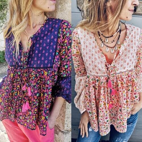 European and American Womens Tassel Long-sleeved National Wind Bohemian Printed Shirt Shirt Women Women Sexy Tops Gothic