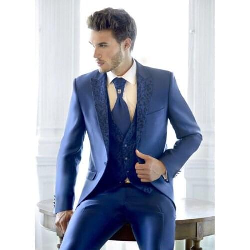 2021 Mens Suit Latest Design Blue Black Custom Wedding Dress 3pcs(jacket+ pants + vest + tie + face towel)