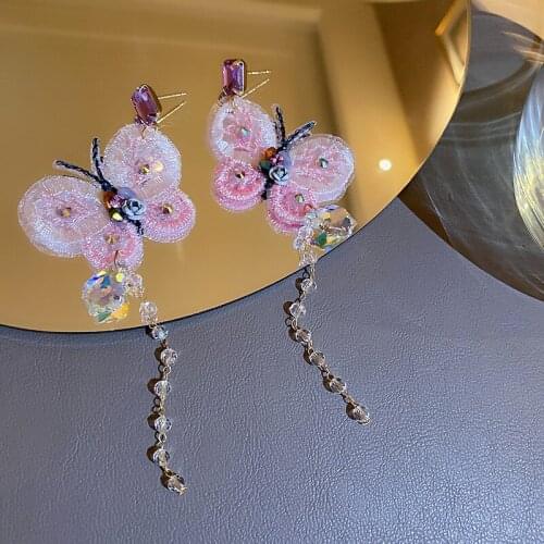 New Korean Sweet Crystal Yarn Embroidery Butterfly Long Drop Earrings for Women Crystal Tassel Earrings Holiday Jewelry