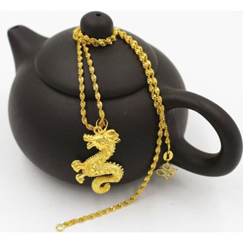 Pure Gold Color Dragon Pendant Necklaces for Women Men 24k Gold Filled Jewellery Mascot Ornaments Lucky Symbol Gifts