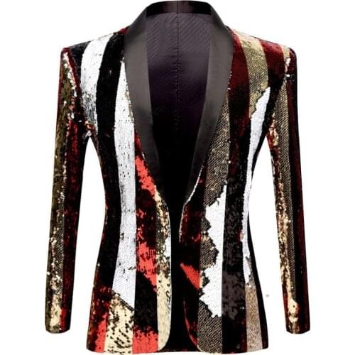 New Men Double-sided Colorful Stripe Red Gold White Black Sequins Blazer Design DJ Singer Suit Jacket Fashion Outfit Men Blazer