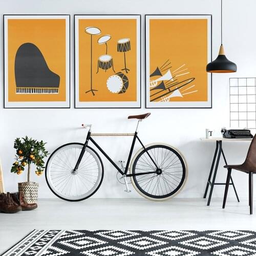 Posters and Prints Mid Century Modern Bright Orange Wall Art Poster Jazz Instruments Picture Canvas Painting For Room Home Decor