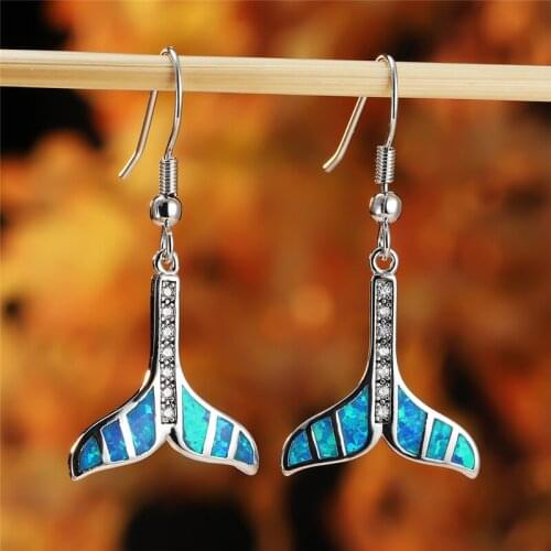 Luxury Blue Fire Opal Fishtail Dangle Earrings For Women Animal Jewelry Vintage Fashion White Round Crystal Stone Drop Earrings