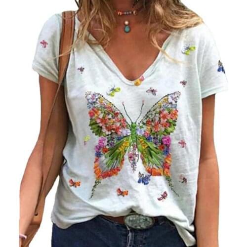 Shirts Decorative Comfortable V-type Collar Butterfly Short Sleeve T-Shirt for Casual