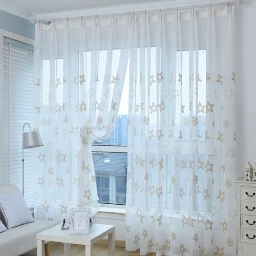 Embroidered Gold Stars Sheer Curtain White Window Tulle Bedroom Curtain Voile Cortina For Living Room