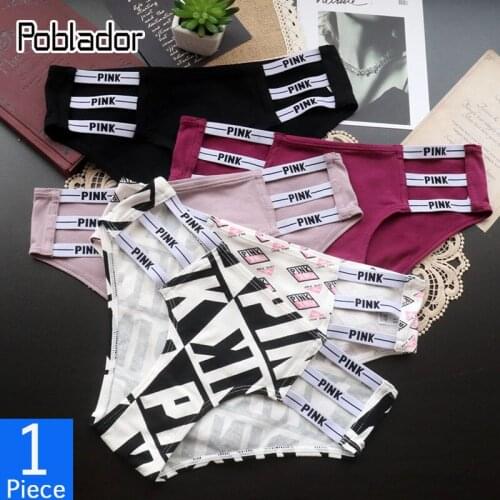 Poblador Hot Sexy Womens PINK Letter Cotton Panties Seamless Hollow Out Sport Briefs Low Waist Comfort Soft Lady Lingerie