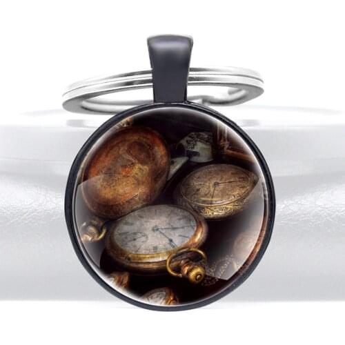 Vintage Steampunk Design Glass Dome Black Classic Keychains Men Women Unique Keyring Jewelry брелок Best Gifts