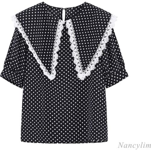 Polka Dot Short Sleeve Chiffon Shirt for Women Lace Stitching Doll Collar 2021 Summer Top Fashion Girls Ladies Blouse Blusas