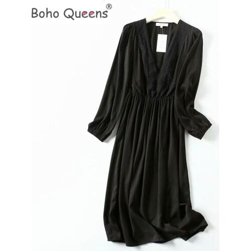 Boho Queens women lace patchwork black beach Bohemian Midi dress Ladies v-neck rayon cotton Boho dress vestidos