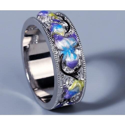 2021 Latest 925 Silver Ladies Epoxy Flower Ring Fashion Enamel Color Inlaid Diamond Engagement Ring Noble Flower Pattern Ring